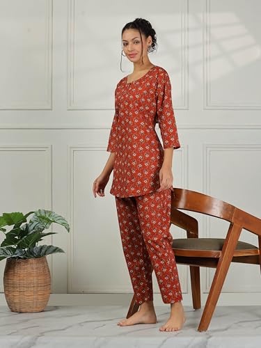 Image of 9shines Label Pure Cotton Printed Women Top & Pyjama Set | Pyjama co-ord Set | Night Suit | Lounge wear for Home | Nightwear Set for Women | Night Dress for Women Stylish (COPJ-5)