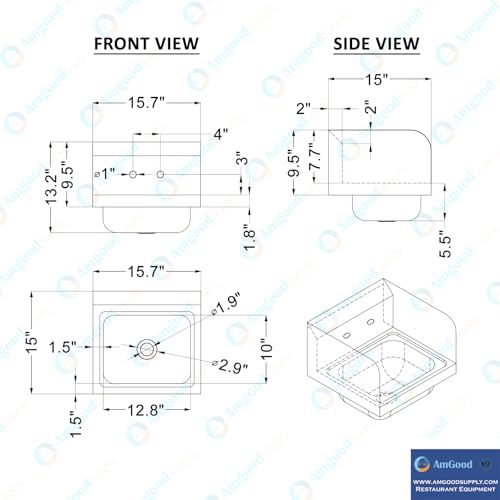 Image of 15 in. x 15 3 /4 in. NSF Certified Stainless Steel Hand Sink with Side Splash Guards- Commercial Wall Mount Hand Basin with Faucet. Ideal for Restaurants, Bars, Kitchens, and Stores