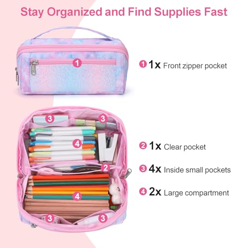 Image of Pencil Case for Girls, Durable Kids Pencil Pouch for School, Wide Opening Soft Bag with Handle, Fits 50 Pens & Markers (Pink Tie Die)