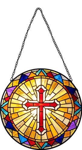 Vdenvileye Radiant Red Cross Round Stained Glass Window Hanging 25cm