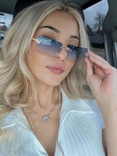 Rimless Y2K Sunglasses for Women Men Fashion Wrap Around Sunglasses Tinted Lens 2000s Sun Glasses Shades Butterfly2