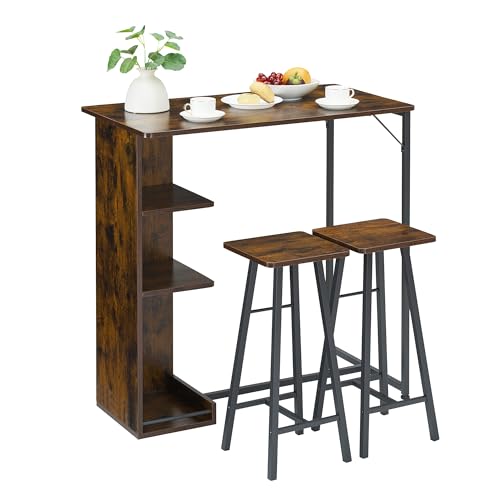 Salutmeuble Ensemble Table de Bar,Table a Manger avec 2 Chaises de Bar,avec 3 Étagères,Style Industriel,pour Appartement,Salle à Manger, Cuisine, Rétro