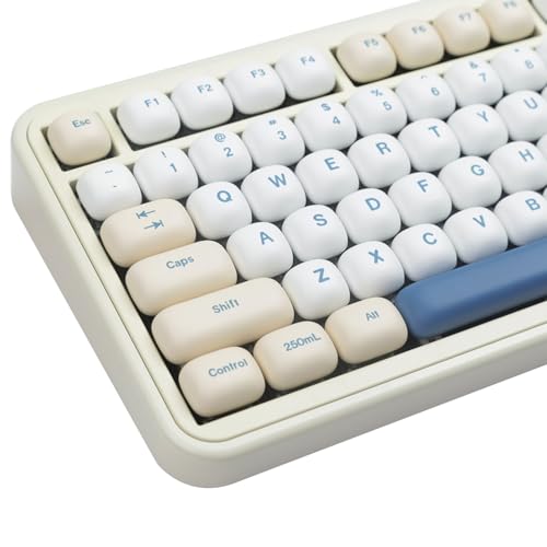 JOLINTAL MOG Profile PBT Keycaps Set, 140 teclas, sublimación de tinta, lindas tapas redondas personalizadas en amarillo, azul y crema, compatible con teclados mecánicos ANSI