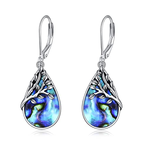 Boucles d'oreilles arbre de vie en argent sterling et nacre d'ormeau éclatante
