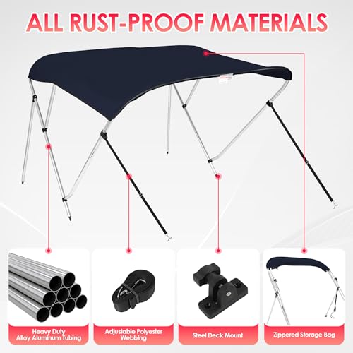 Image of Bimini Tops for Boats, Navy 3 Bow L6' x W67-72 x H46, 900D Polyester Bimini Top, 2 Rear Support Poles and Storage Boot, 4 Adjustable Nylon Straps