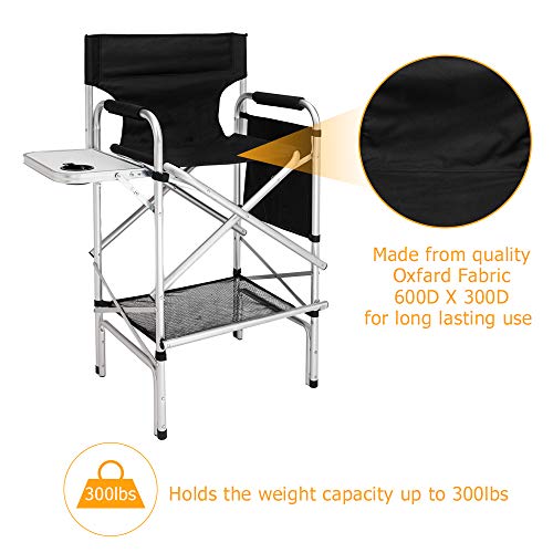 Omysalon 2 Pcs 31" Tall Upgraded Directors Makeup Artist Chair Bar Height,Olding Portable With Side Table Storage Bag Black,Aluminum Frame Supports 300 Lbs,33.8" L X 19.2" W X 45.6" H #TOP4