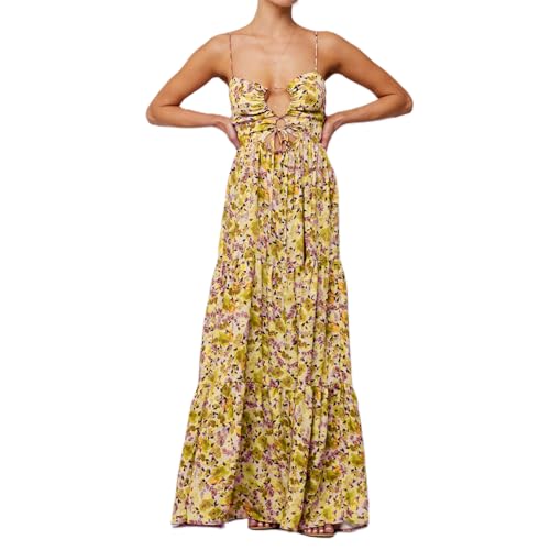 Image of Womens Vintage Floral Long Dress Y2k Spaghetti Strap Tie Back Hollow Out Maxi Dress Summer Beach Party Sundress