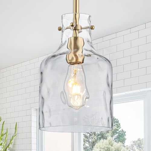 WILON Pendant Light Fixtures Glass Pendant Lighting for Modern Kitchen Island Adjustable Hanging Ceiling Light 7 Hammered Glass Shade Pendant Lights for Dining Room Kitchen Sink Gold Metal Finish