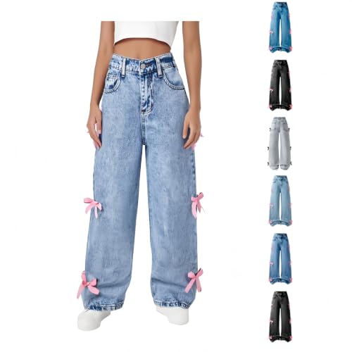 GOSEAGOTOFUN Girls Jeans Cute Bow High Waisted Denim Pants Kids Baggy Wide Leg Denim Pants School Clothes with Pockets 6-14Y 03-Blue 6-7 Years - image 1