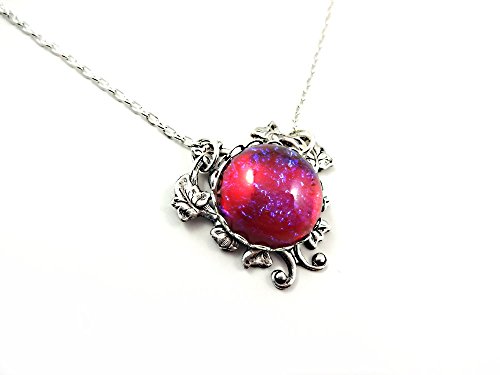 Little Gem Girl Synthetic Mexican Opal Czech Glass Necklace Dragons Breath Pendant Silver Victorian Fire Opal Heart Charm #TOP13