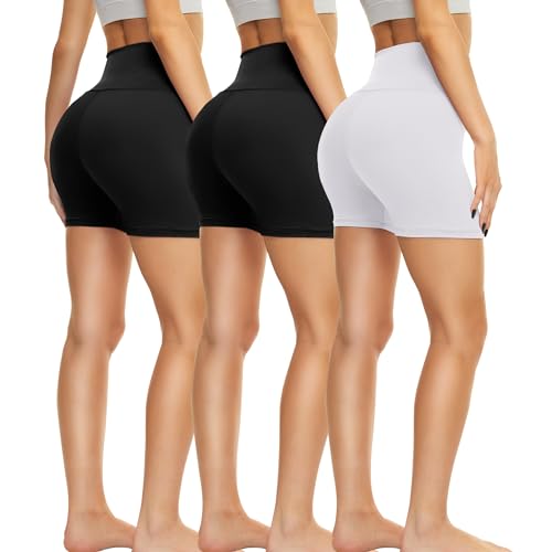 TNNZEET 3 Pack Biker Shorts Women - 5’’/ 8’’ High Waisted Tummy Control Spandex Workout Shorts for Gym Yoga Volleyball 5 inch Small-Medium Black*2/ White