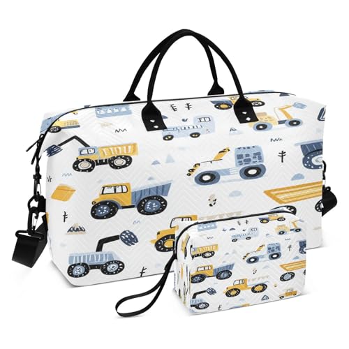 Travel Duffle Bag Weekender Bags Overnight Bag with Toiletry Bag Gym Duffel Bag Yellow Blue Build Construction Transport Car for Travel Business Trips Sport