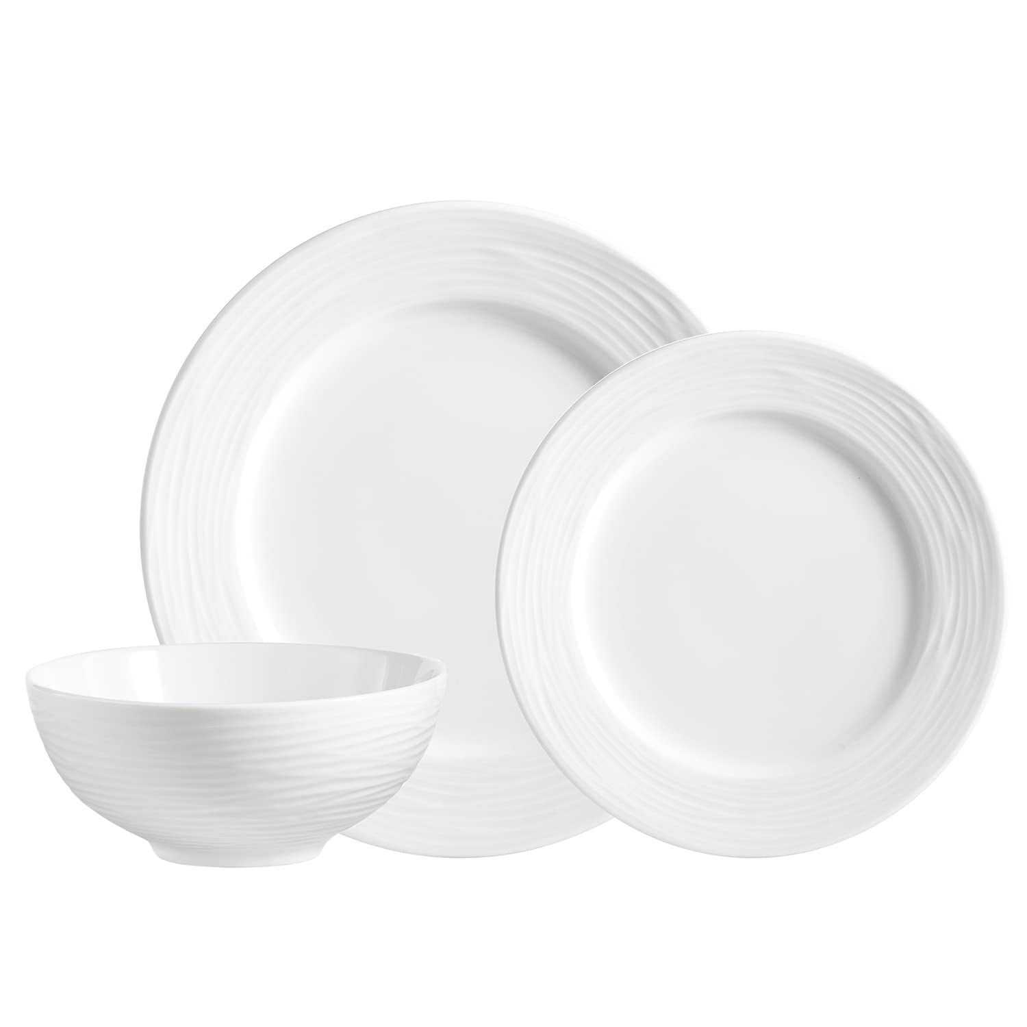 Safdie & Co. Round Rim Embossed Wave 12 Piece Dinnerware Set, Service for 4, Plates and Bowls Sets, Home Trends and Home Food Network Essentials, Porcelain Dinner Plates, White, 16" L x 12" W x 15" H