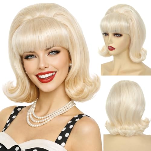 Detean Blonde Short Bob Wig with Bangs for Women 60s 70s Retro Beehive Bouffant Wigs Vintage Costume Wig for Halloween Party Cosplay Fun Wig Shoulder length (Blonde 613#)