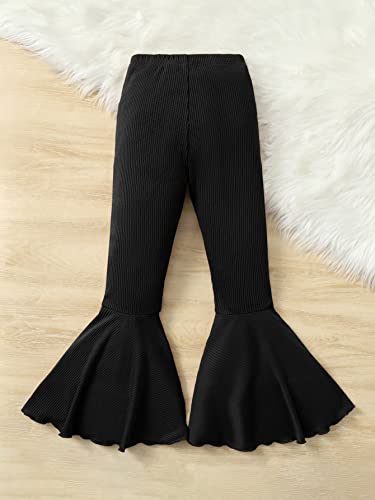Cozyease Girls' Rib Knit Lettuce Trim Flare Leg Pants Plain Elastic Waist Trousers Black 11-12Y #TOP1