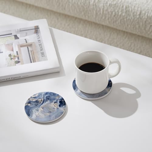 Image of Set of 6 Navy Blue Marble Coasters with Holder,Absorbent Ceramic Coasters for Drinks, Coasters with Cork Backing for Table Protection, Housewarming Gifts for New Home