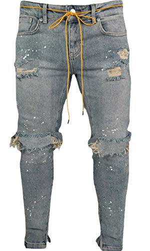 CHARTOU Men's Distressed Paint Splatter Zipper Tapered Leg Denim Jeans Pants