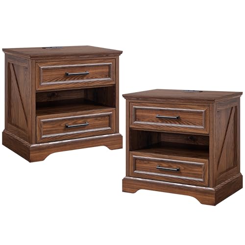 JXQTLINGMU 24' End Table Set of 2 with Charging Station, 2 Drawers Large Bedside Table with Open...