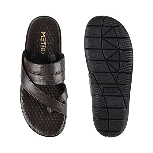 Image of Metro Men Genuine Leather Cross Strap Slippers /Flip Flops (Dark Brown, UK 7 /EU 41)