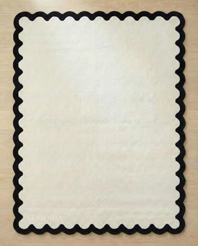 RUGORIA Hand-Tufted Wool Area Rug with Scalloped Edge, Plush Ivory Solid Carpet with Contrast Border, Soft Thick Cotton Backing Rug for Living Room Bedroom Home Decor (Black, 5' x 8')