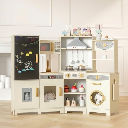 MAMIZO Wooden Corner Play Kitchen, Large Ultimate Interactive Toddler Pretend Kids Kitchen Playset with Blackboard, Stove & Range Hood w/Light & Sound, Ice Maker, Washing Machine, 6 Toy Set (Cream)