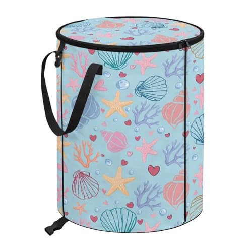 BIGCARJOB Beach Starfish Shells Collapsible Trash Can Portable Tall Trash Can Oval Recycling Bin 22.83x17.71 Outside Garbage Bin Storage Bag with Clip and Zipper Lid