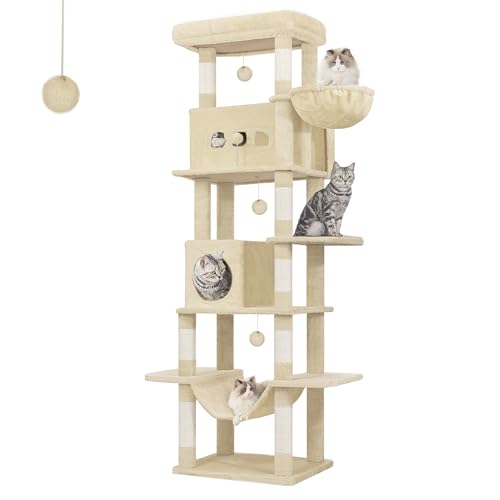 Hzuaneri Albero per Gatti, tiragraffi per gatti adulti 210 cm, xxl, giochi per gatti, Lavabile, trespolo per gattis con 2 Grotte, 8 Tiragraffi, Cestini, Amaca, Pompon, Beige MS21018YL