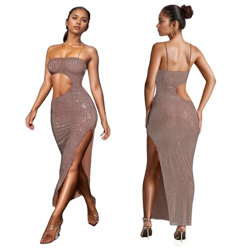 Image of PORRCEY Women's Sexy Rhinestone Mesh See Through Party Night Prom Dress
