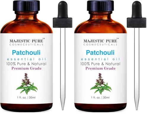 Image of Majestic Pure Essential Oil with Glass Dropper - 100% Pure and Natural - Essential Oils for Diffuser, Aromatherapy, Soap and Candle Making, Patchouli Essential Oil, Patchouli Oil, 1 Fl Oz (Pack of 2)