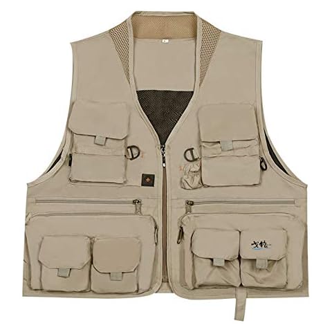 Rizanee Sportsman Outdoor Multi-Pocketed Fly Fishing Vest Mesh Quick-Dry Waistcoat Jacket for Youth (Khaki, Tag XL) Cover