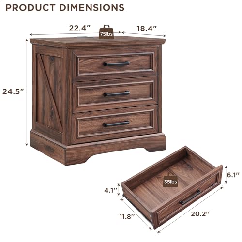 Image of ACCOHOHO Farmhouse Nightstand with Charging Station, 22 Inch Wide End Table with 3 Large Drawers & Bar Handles, Rustic Wood Small Dresser Chest of Drawers for Bedroom, Living Room, Closet, Brown
