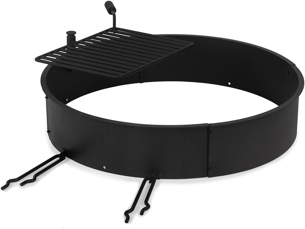 Ash & Ember 36" Steel Fire Pit Ring with Cooking Grate, 15.5" x 19.5" Swivel Grate with Spring Handle, Steel Fire Ring & Campfire Grill Combo for Outdoor Cooking, Durable High-Temp Finish