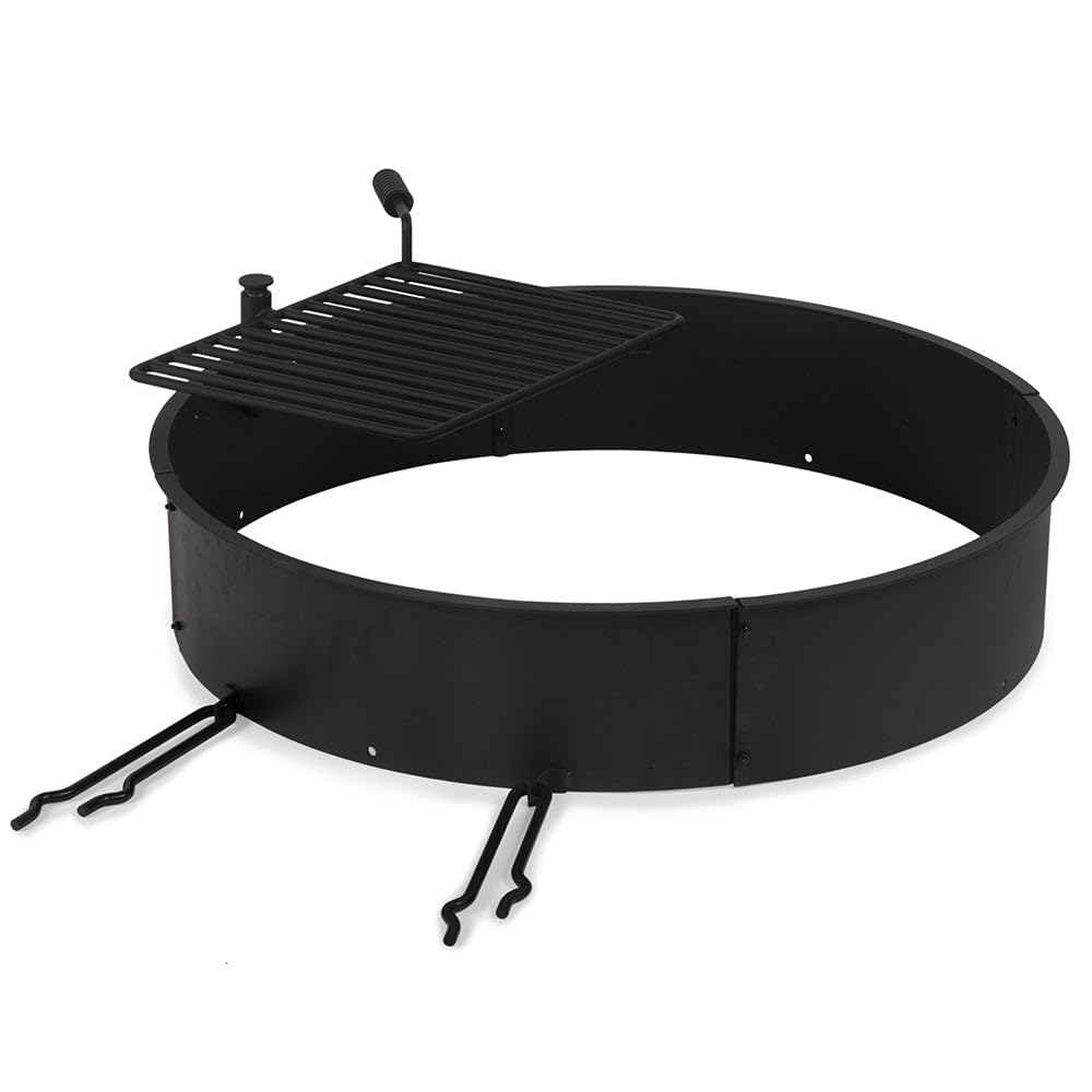 Ash & Ember 36" Steel Fire Pit Ring with Cooking Grate, 15.5" x 19.5" Swivel Grate with Spring Handle, Steel Fire Ring & Campfire Grill Combo for Outdoor Cooking, Durable High-Temp Finish