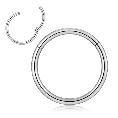 2 PCS 16G 14MM Septum Ring Silver Clicker Hoop 316L Steel Thin Round Circle Solid Hinged Endless Earrings for Helix,Top Helix, Cartilage, Second/Third Lobe hole, Left/Right Nose Rings