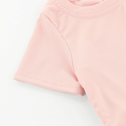 ACESTAR Toddler Baby Girls Summer Clothes Set - Solid Ribbed Knit Short Sleeve T-Shirts Tee & Flared Pants Sets 2T-7 Years3
