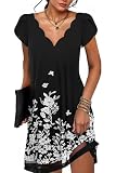 ABYOVRT Robe d'été à manches courtes pour femme   Élégante   Col en V   Motif floral   Mini robe tendance   Robe de plage décontractée   Robe trapèze pour fille   S XXL, Impression noire., S