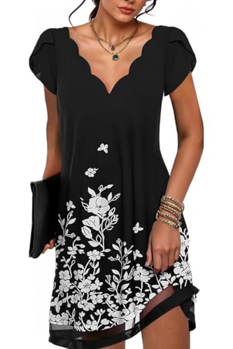 ABYOVRT Robe d'été à manches courtes pour femme - Élégante - Col en V - Motif floral - Mini robe tendance - Robe de plage décontractée - Robe trapèze pour fille - S-XXL, Impression noire., XXL