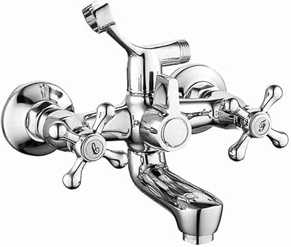 Rubinetto Miscelatore Vasca da Bagno Cromo Lucido In ottone Con Doppia Manopola a Croce Montaggio a Parete, Stile Retrò/Classico