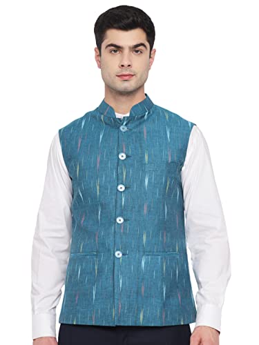 Image of Vastraa Fusion Mens Ikat Printed Cotton Nehru Jacket (VS4503-42 Teal Green-Small Arrow 42)