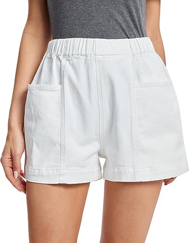 Fuinloth Women's Faux Denim Shorts, Elastic Wasit Mid Rise Loose Fit with 2 Front Pockets, Stretchy Jeans Short Pants2