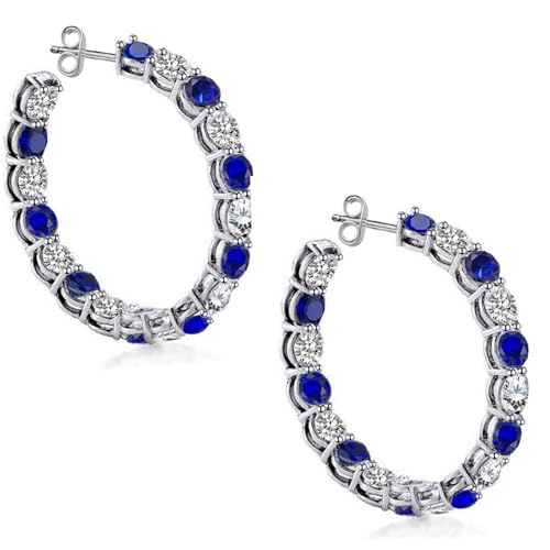 Savlano 14K Gold Plated White & Blue Cubic Zirconia Inside Out Round Cut Hoop Stud Earrings for Women Comes with a Gift Box2