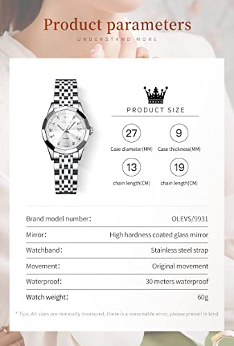 Image of OLEVS Womens Watch Fashion Dress Diamond Female Watches for Ladies Analog Stainless Steel Waterproof Luminous Day Date Two Tone Wristwatch