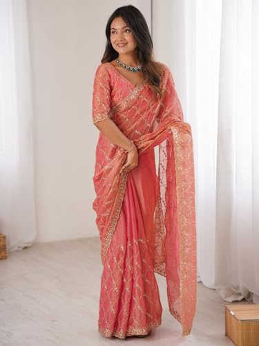 Image of AKHILAM Women's Shimmer Chiffon Heavy Sequence Embroidery Work Saree With Unstitched Blouse Piece (VT798A VM Parent)
