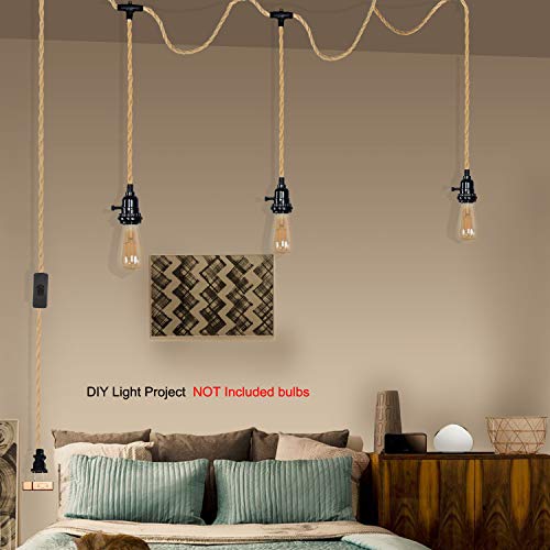 Image of Triple Plug in Pendant Lights with Cord Hanging Lamp Kit with Switch 23 Ft Long Hemp Rope Farmhouse Pndant Light Cord Lighting Fixture Kits DIY Hanging Light