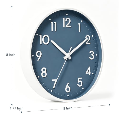 Image of Mosewa Wall Clock 8 Inch, Battery Operated Silent Non-Ticking Modern Analog Clock Decorative for Kitchen, Bedroom, Office(Azure Blue)