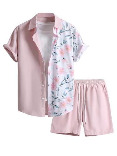 OYOANGLE Men's 2 Piece Button Down Outfits Floral Print Short Sleeve Shirt and Shorts Hawaiian Sets