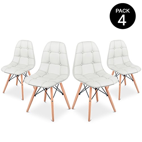 KEWAYES SENA BUTTON - Pack 4 Sillas Comedor con diseño Nórdico tower color Blanco, Silla Salón ergonómica con Asiento y Respaldo Tapizado abotonado en Polipiel ideal para Cocina y Terraza