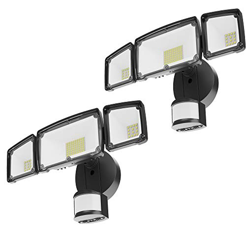 Sunco Lighting LED Flood Exterior Security Lights, Dusk to Dawn Photocell, Outdoor Motion Sensor, Hard Wired, 38W, 3600 LM, 5000K Daylight, 3 Head Floodlight, Black, IP65 Waterproof, ETL, 2 Pack