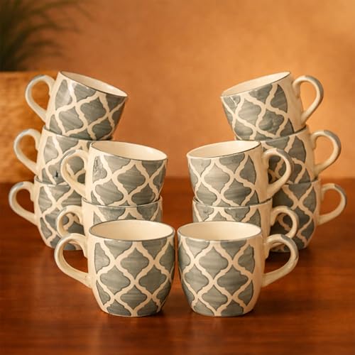 Image of HandPainted Ceramic Small Cups 12 Pcs Set | Cups for Tea,Coffee,Espresso | Beautiful Small coffee Mug Set | Ideal Gifting Option | Brown &Black Morrocon Pattern (Moonstone Grey Morrocon Pattern)