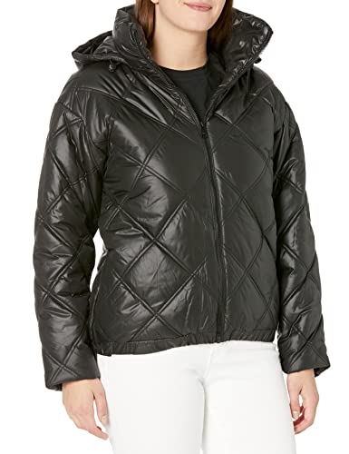 Kenneth Cole New York Womens Short Hooded Zip Puffer Quilted Jacket, Black, Large US